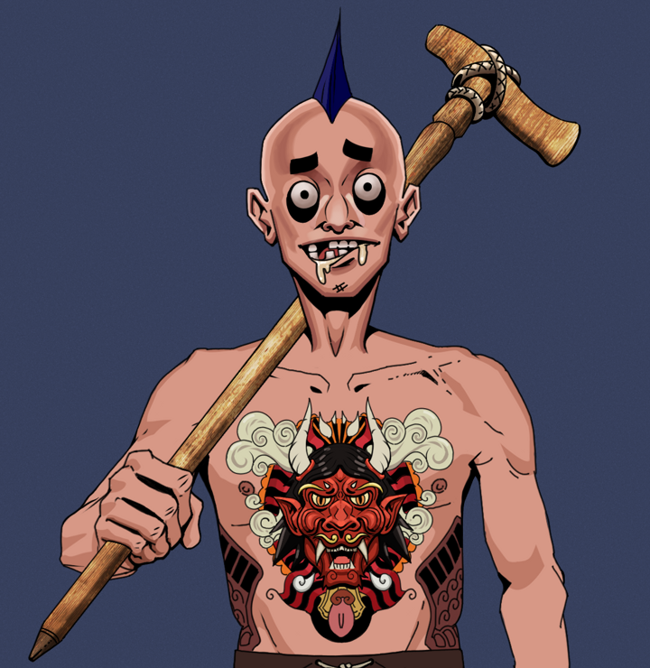 Drooling Azuma — Degen Dojo NFT art (Shirtless Runt, Blue Evening, Degens, Red Oni Tattoo, Drooling Azuma, Mohawk Spike, Wooden Walking Cane, Mint)