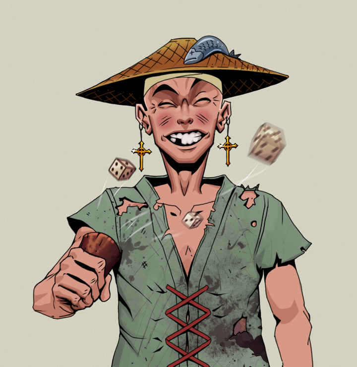 Cheery Haru — Degen Dojo NFT art (Golden Jesuit Crosses, Warm Grey, Degens, Dirty Peasant Rags, Cheery Haru, Shirtless Runt, Wide Kasa Fisherman, Chō-Han Gambling Dice, Mint)
