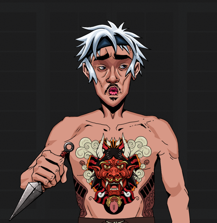 Masumi Steel — Degen Dojo NFT art (Shirtless Runt, Shoji Night, Degens, Red Oni Tattoo, Masumi Steel, White Ruffian, Kunai, Mint)