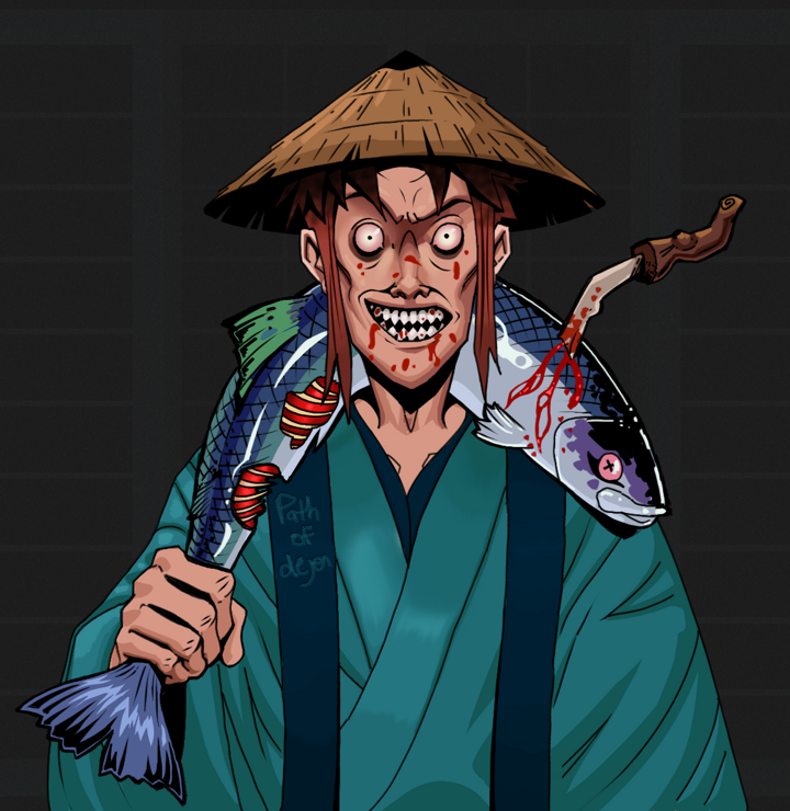 Assassin Fuzen — Degen Dojo NFT art (Shirtless Runt, Shoji Night, Degens, Dejen Apostate, Assassin Fuzen, Rice Hat, Dead Fish, Mint)