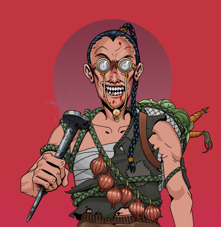 Assassin Fuzen — Degen Dojo NFT art (Shirtless Runt, Red High Moon, Degens, Farmer, Assassin Fuzen, Pompous Glasses, Braided Samurai Ponytail, Rusty Nail, Mint)