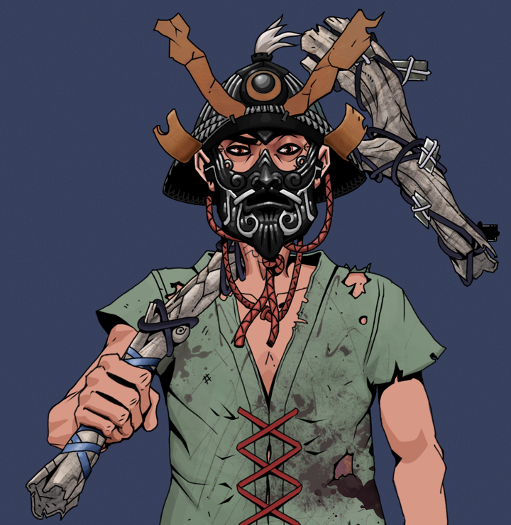 Junichiro — Degen Dojo NFT art (Shirtless Runt, Blue Evening, Degens, Dirty Peasant Rags, Junichiro, Black Iron Kabuto, Large Branch, Mint)