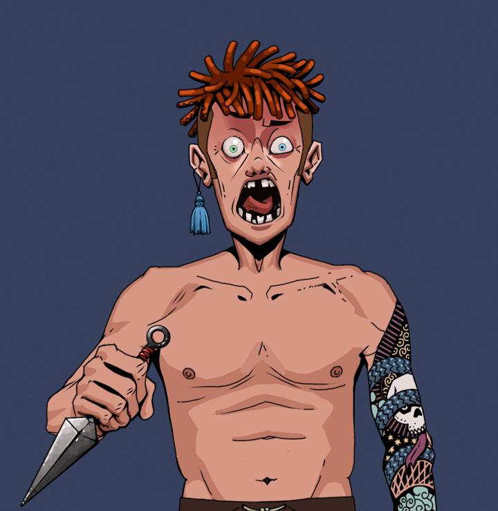 Tokuda — Degen Dojo NFT art (Tassel, Blue Evening, Degens, Skull Sleeve, Tokuda, Shirtless Runt, Orange Bantu Knots, Kunai, Mint)