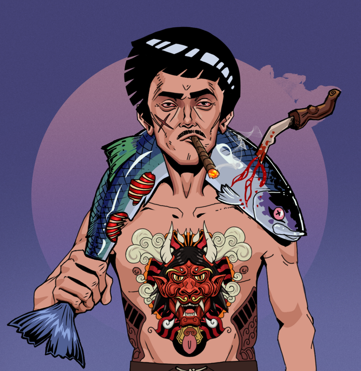 Raikou The Stoner — Degen Dojo NFT art (Shirtless Runt, Purple Night, Degens, Red Oni Tattoo, Raikou The Stoner, Rock Lee, Dead Fish, Mint)