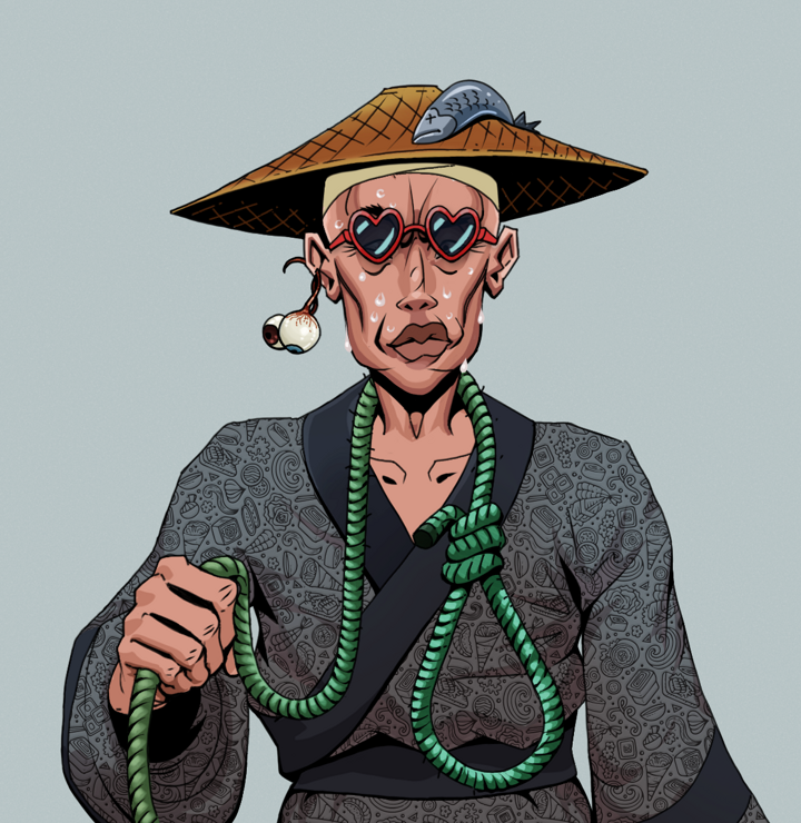 Stresshead Rin — Degen Dojo NFT art (Shaman Eyes, Light Grey, Degens, Sushi Love Loose Kimono, Stresshead Rin, Loveheart Shades, Wide Kasa Fisherman, Noose, Mint)