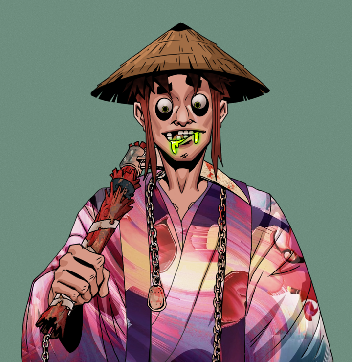 Toxic Azuma — Degen Dojo NFT art (Shirtless Runt, Olive Green, Degens, Autumn Sakura Kimono, Toxic Azuma, Rice Hat, Rusty Kusarigama, Mint)