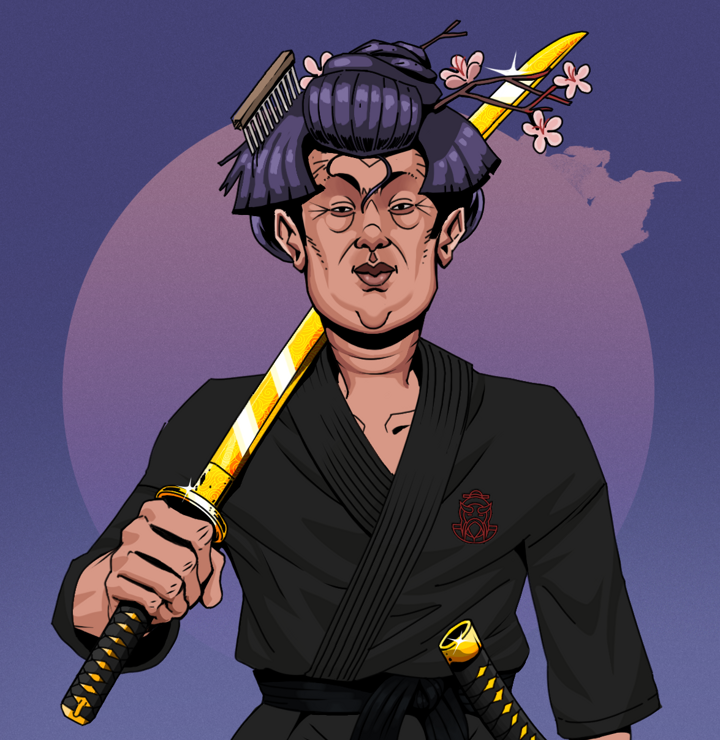 Fat Bob — Degen Dojo NFT art (Shirtless Runt, Purple Night, Degens, Master Black Gi, Fat Bob, Disheveled Geisha, Golden Katana, Mint)