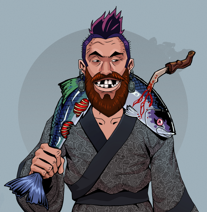 Igor The Bear — Degen Dojo NFT art (Iron Earrings, Grey Mist, Degens, Sushi Love Loose Kimono, Igor The Bear, Shirtless Runt, Yakuza Hooligan, Dead Fish, Mint)