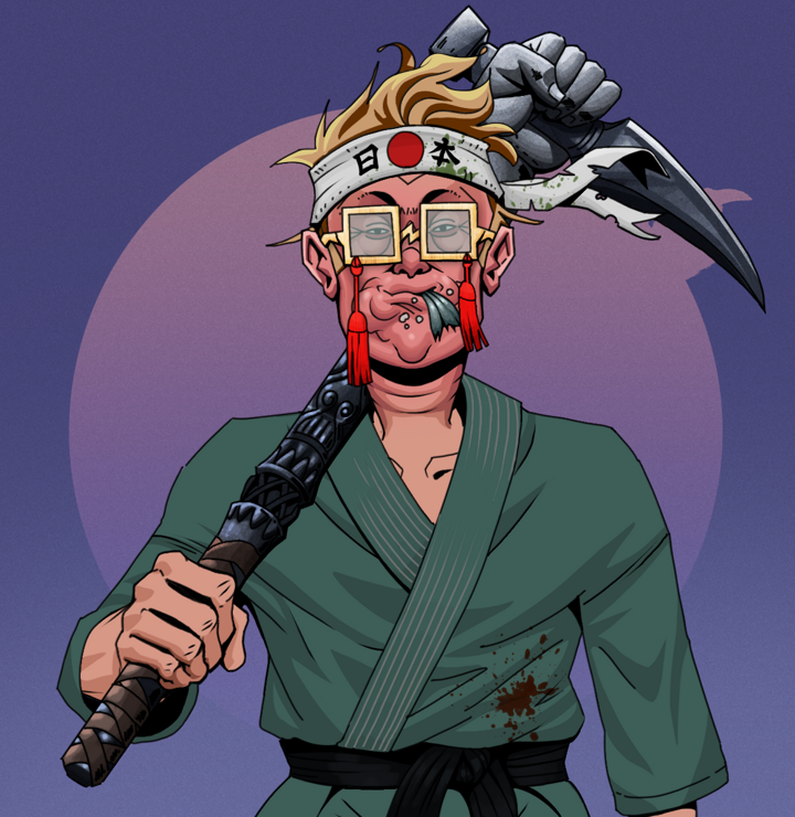 Fatty Bobsticks — Degen Dojo NFT art (Shirtless Runt, Purple Night, Degens, Fight Gi, Fatty Bobsticks, Shoji Tassel Glasses, Karate Headband, Stone Fist-Sickle, Mint)