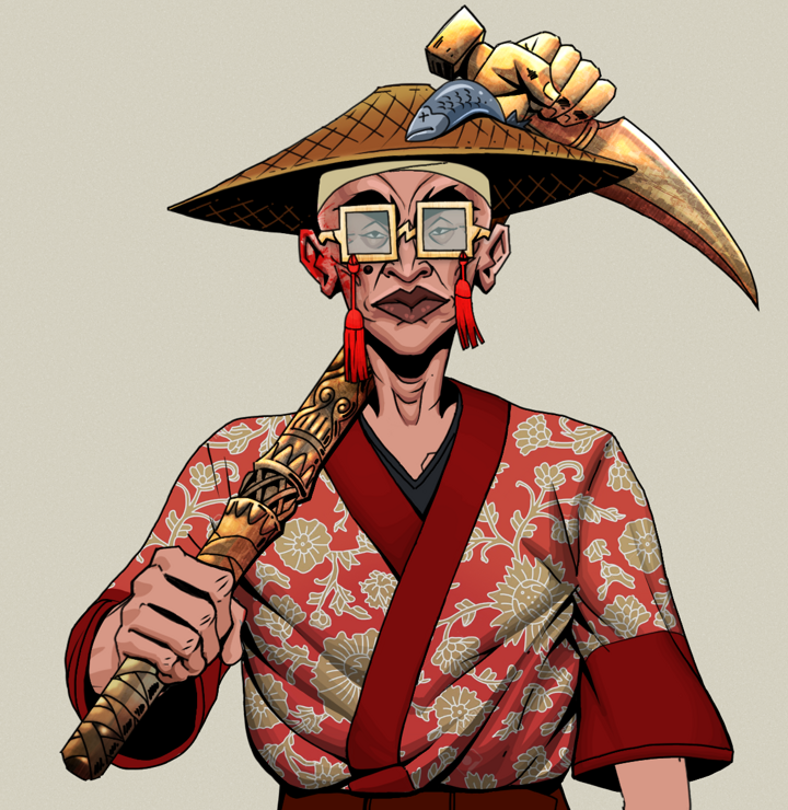 Young Yuji — Degen Dojo NFT art (Shirtless Runt, Warm Grey, Degens, Silken Sunflower Kimono, Young Yuji, Shoji Tassel Glasses, Wide Kasa Fisherman, Bronze Fisted Sickle, Mint)