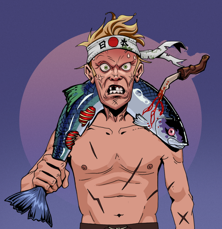 Angry Ikari — Degen Dojo NFT art (Shirtless Runt, Purple Night, Degens, Battle Scars, Angry Ikari, Karate Headband, Dead Fish, Mint)