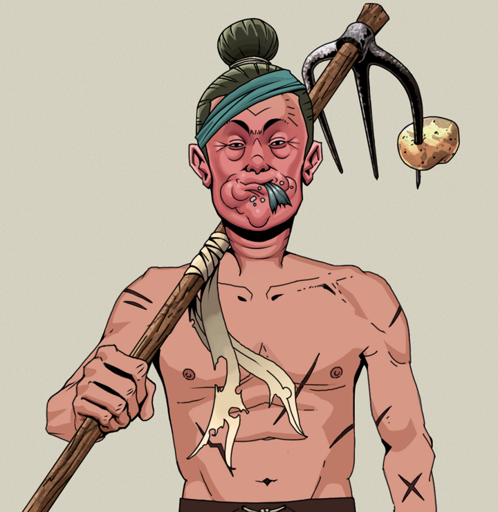 Fatty Bobsticks — Degen Dojo NFT art (Shirtless Runt, Warm Grey, Degens, Battle Scars, Fatty Bobsticks, Hair Bun, Farmers Hoe, Mint)