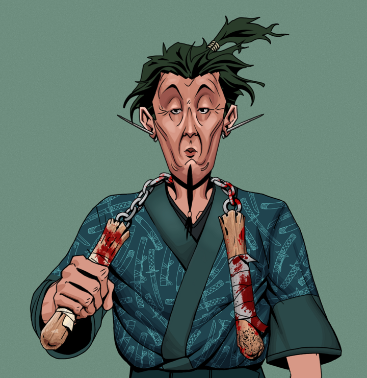 Edmundo — Degen Dojo NFT art (Nails, Olive Green, Degens, Katanajamas Kimono, Edmundo, Shirtless Runt, Messy Ponytail, Bloody Nunchucks, Mint)