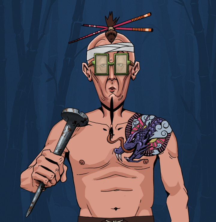 Edmundo — Degen Dojo NFT art (Shirtless Runt, Night Forest, Degens, Dragon Head Tattoo, Edmundo, Shoji Glasses, Hair Bun With Chopsticks, Rusty Nail, Mint)