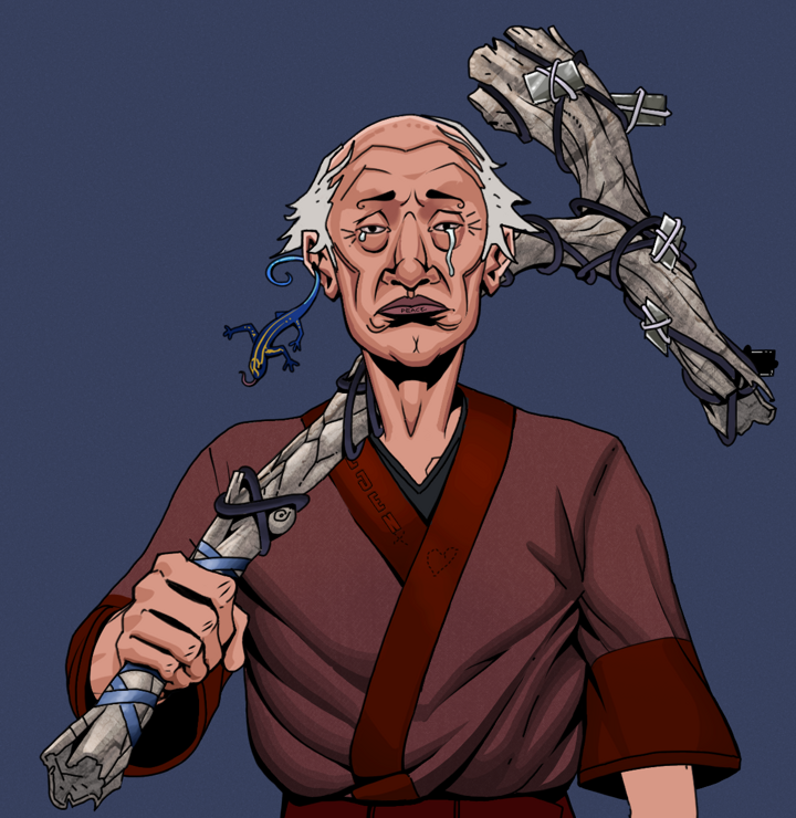 Teary Goro — Degen Dojo NFT art (Lizard, Blue Evening, Degens, Proud Dejen Kimono, Teary Goro, Shirtless Runt, Kung Fu Master, Large Branch, Mint)