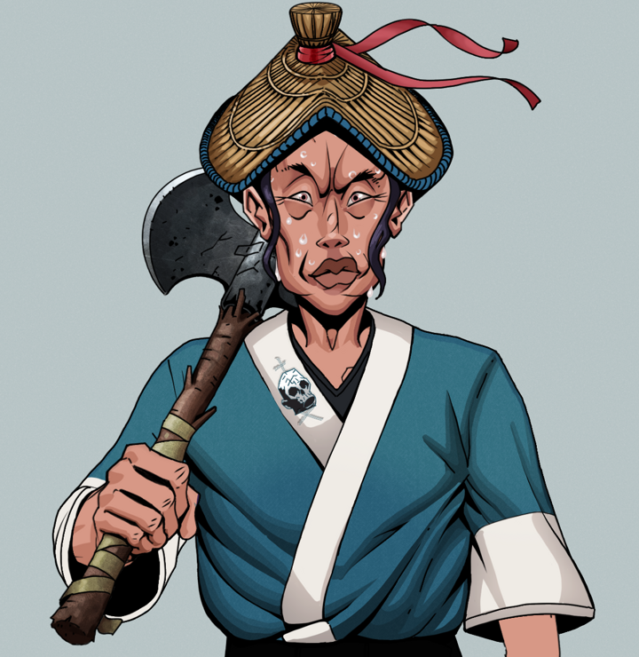 Stresshead Rin — Degen Dojo NFT art (Shirtless Runt, Light Grey, Degens, Skull Kimono, Stresshead Rin, High Straw Rice Hat, Axe, Mint)
