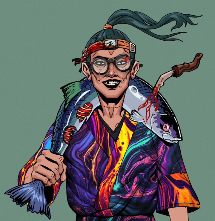 Junichiro Reborn — Degen Dojo NFT art (Shirtless Runt, Olive Green, Degens, Rainbow Kimono, Junichiro Reborn, Bloodied Glasses, Green Bandana, Dead Fish, Mint)