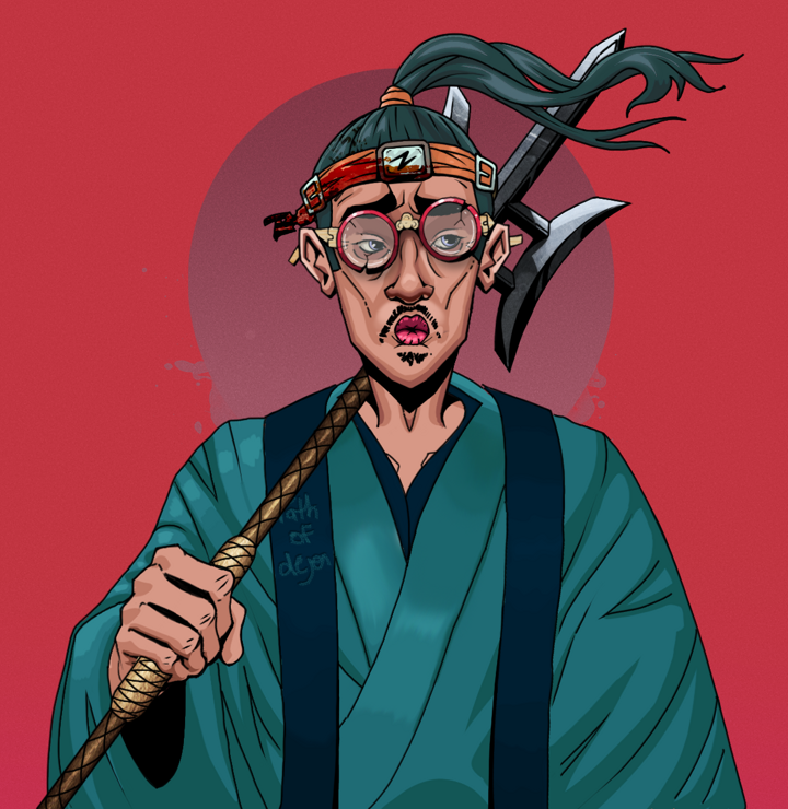 Masumi Steel — Degen Dojo NFT art (Shirtless Runt, Red High Moon, Degens, Dejen Apostate, Masumi Steel, Broken Glasses, Green Bandana, Bishamon Yari, Mint)
