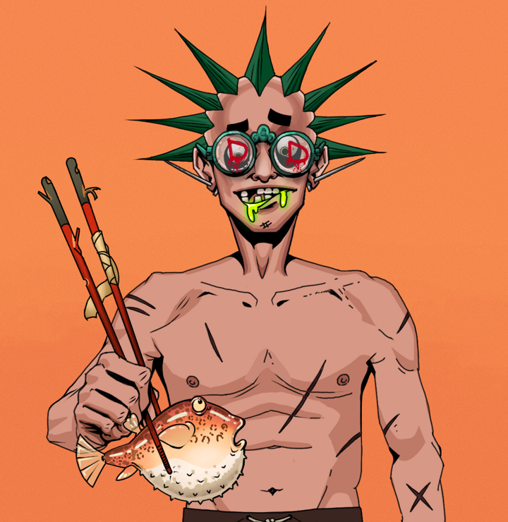 Toxic Azuma — Degen Dojo NFT art (Nails, Orange Afternoon, Degens, Battle Scars, Toxic Azuma, Dojo Graffiti, Zapachi, Frightened Fugu, Mint)
