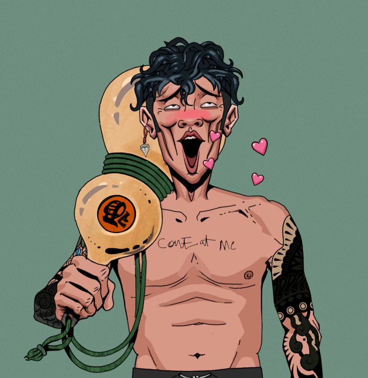 Lovey Haruto — Degen Dojo NFT art (Shark Tooth, Olive Green, Degens, Black Yakuza Sleeves, Lovey Haruto, Shirtless Runt, Messy, Giant Sake Bottle, Mint)