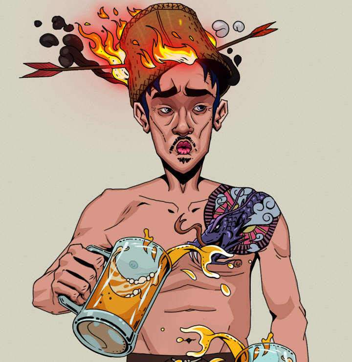Masumi Steel — Degen Dojo NFT art (Shirtless Runt, Warm Grey, Degens, Dragon Head Tattoo, Masumi Steel, Burning Basket, Beer Splash, Mint)