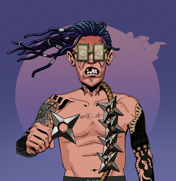 Angry Ikari — Degen Dojo NFT art (Shirtless Runt, Purple Night, Degens, Black Yakuza Sleeves, Angry Ikari, Shoji Glasses, Flowing Dreads, Shuriken Belt, Mint)