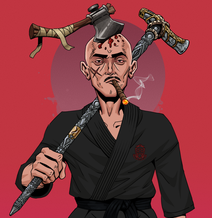 Raikou The Stoner — Degen Dojo NFT art (Shirtless Runt, Red High Moon, Degens, Master Black Gi, Raikou The Stoner, Splitting Axe Ache, Artisan Walking Cane, Mint)