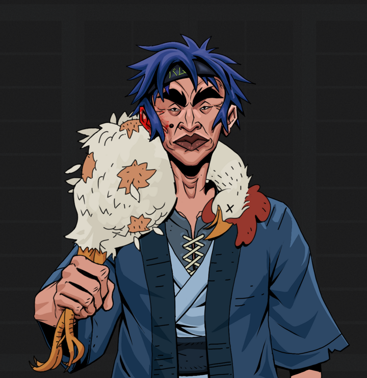 Young Yuji — Degen Dojo NFT art (Shirtless Runt, Shoji Night, Degens, Blue Warrior Kimono, Young Yuji, Bum Headband Ruffian, Chicken, Mint)