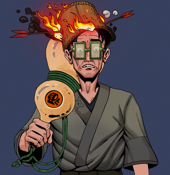 Shitless Botan — Degen Dojo NFT art (Shirtless Runt, Blue Evening, Degens, Puppy Kimono, Shitless Botan, Shoji Glasses, Burning Basket, Giant Sake Bottle, Mint)