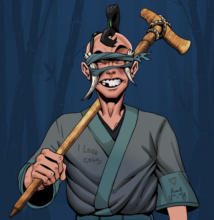 Cheery Haru — Degen Dojo NFT art (Shirtless Runt, Night Forest, Degens, Cet Kimono, Cheery Haru, Tied Horns, Dejen Samurai, Wooden Walking Cane, Mint)