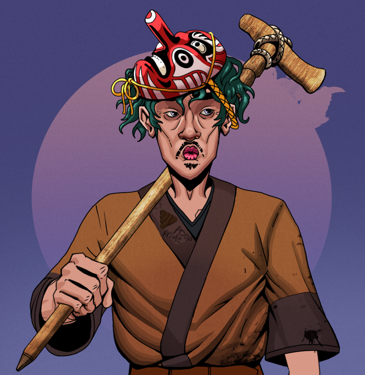 Masumi Steel — Degen Dojo NFT art (Shirtless Runt, Purple Night, Degens, Poop Pride Kimono, Masumi Steel, Tengu Mask, Wooden Walking Cane, Mint)