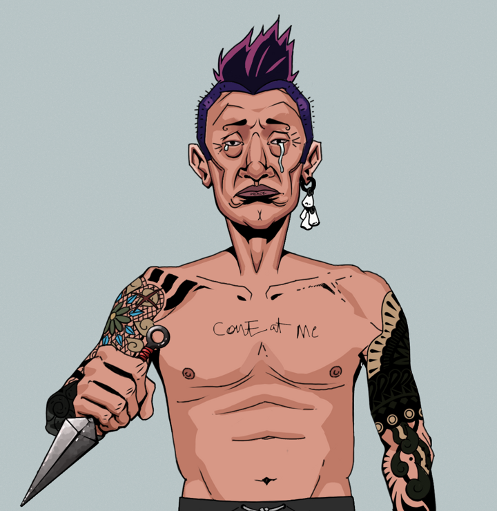 Teary Goro — Degen Dojo NFT art (Foes Teeth, Light Grey, Degens, Black Yakuza Sleeves, Teary Goro, Shirtless Runt, Yakuza Hooligan, Kunai, Mint)