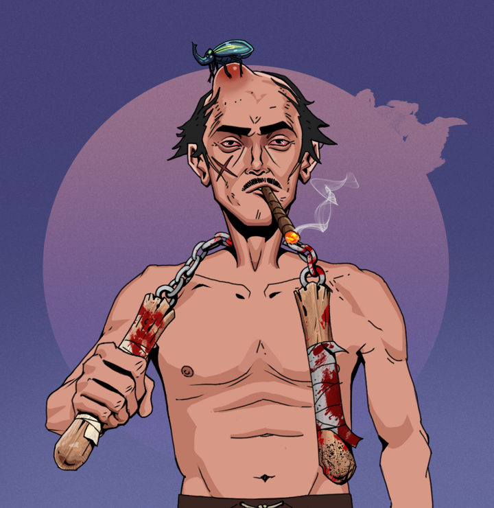 Raikou The Stoner — Degen Dojo NFT art (Shirtless Runt, Purple Night, Degens, Raikou The Stoner, Kung Fu Beetle, Bloody Nunchucks, Mint)