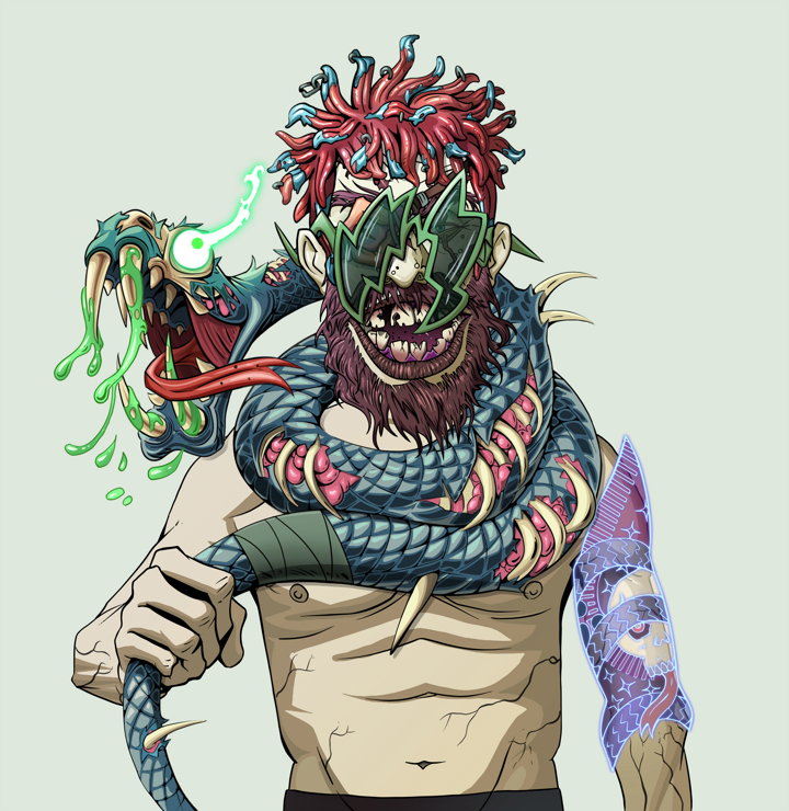 Igor The Veteran — Degen Dojo NFT art (Shirtless Runt, Olive Green, Demons, Skull Sleeve, Igor The Veteran, Shoji Glasses, Orange Bantu Knots, Enchanted Snake, Mint)