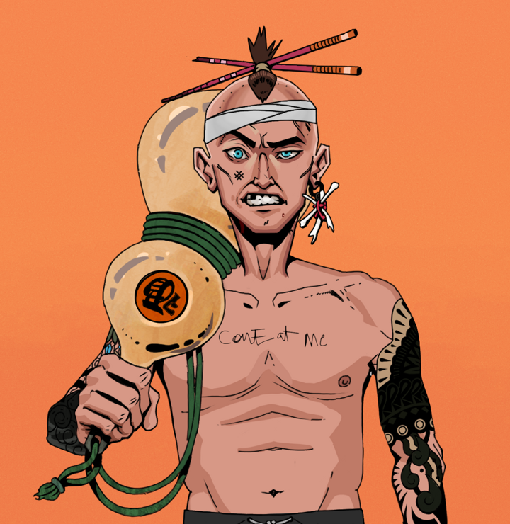 Akuma — Degen Dojo NFT art (Finger Bones, Orange Afternoon, Degens, Black Yakuza Sleeves, Akuma, Shirtless Runt, Hair Bun With Chopsticks, Giant Sake Bottle, Mint)