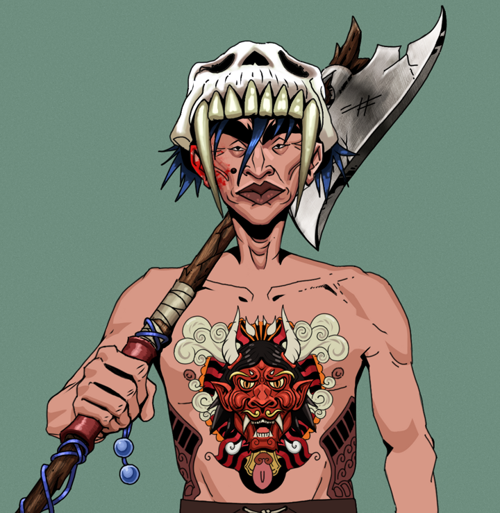 Young Yuji — Degen Dojo NFT art (Shirtless Runt, Olive Green, Degens, Red Oni Tattoo, Young Yuji, Sabertooth Skull, Broken Nagatina, Mint)