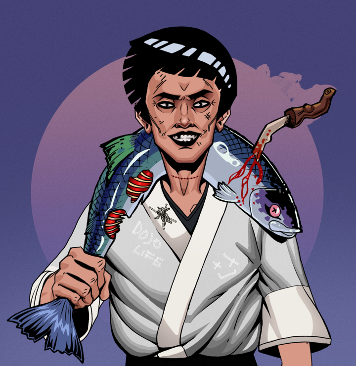 Junichiro Reborn — Degen Dojo NFT art (Shirtless Runt, Purple Night, Degens, No Honor Kimono, Junichiro Reborn, Rock Lee, Dead Fish, Mint)