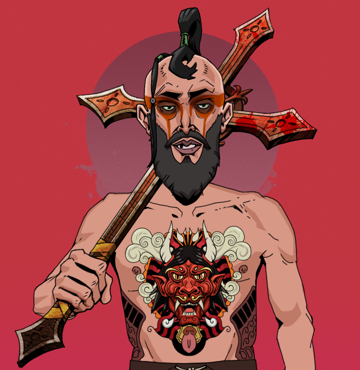 Serious Oleg — Degen Dojo NFT art (Shirtless Runt, Teal Daytime, Degens, Serious Oleg, Flowing Dreads, Frightened Fugu, Mint)