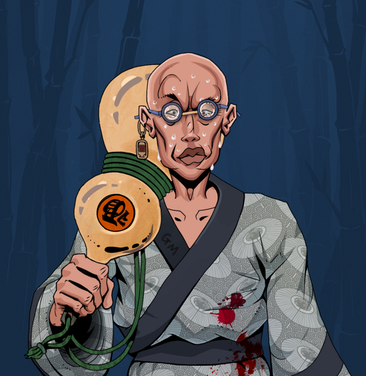 Stresshead Rin — Degen Dojo NFT art (Dojo Paper Earring, Night Forest, Degens, Loose Parasol Kimono, Stresshead Rin, Spectacles, Bald, Giant Sake Bottle, Mint)