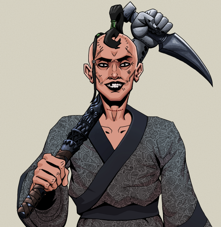Junichiro Reborn — Degen Dojo NFT art (Shirtless Runt, Warm Grey, Degens, Sushi Love Loose Kimono, Junichiro Reborn, Dejen Samurai, Stone Fist-Sickle, Mint)