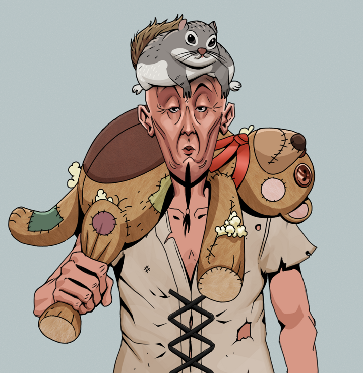 Edmundo — Degen Dojo NFT art (Shirtless Runt, Light Grey, Degens, Rice Sack Rags, Edmundo, Mr. Momonga Hat, Teddy Bear, Mint)