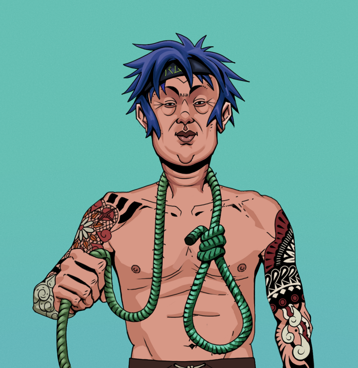 Fat Bob — Degen Dojo NFT art (Shirtless Runt, Teal Daytime, Degens, Yakuza Tattoo Sleeves, Fat Bob, Bum Headband Ruffian, Noose, Mint)