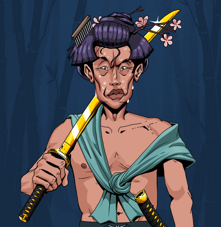 Stresshead Rin — Degen Dojo NFT art (Shirtless Runt, Night Forest, Degens, Queeny Chic, Stresshead Rin, Disheveled Geisha, Golden Katana, Mint)