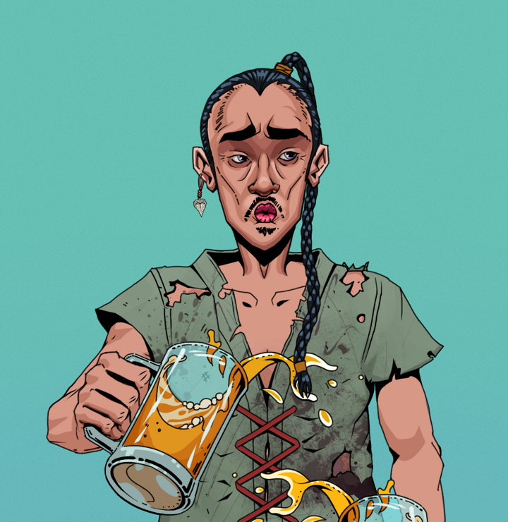 Masumi Steel — Degen Dojo NFT art (Shark Tooth, Teal Daytime, Degens, Dirty Peasant Rags, Masumi Steel, Shirtless Runt, Braided Samurai Ponytail, Beer Splash, Mint)