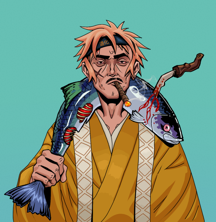 Raikou The Stoner — Degen Dojo NFT art (Shirtless Runt, Teal Daytime, Degens, Ordained Dejen, Raikou The Stoner, Tiger Headband Ruffian, Dead Fish, Mint)