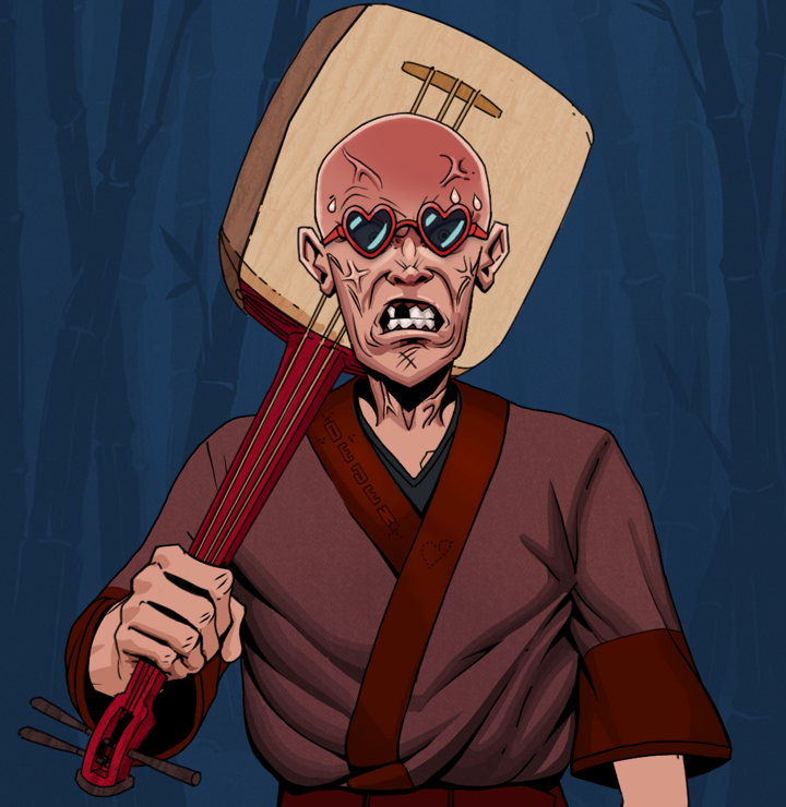 Angry Ikari — Degen Dojo NFT art (Shirtless Runt, Night Forest, Degens, Proud Dejen Kimono, Angry Ikari, Loveheart Shades, Bald, Shamisen, Mint)
