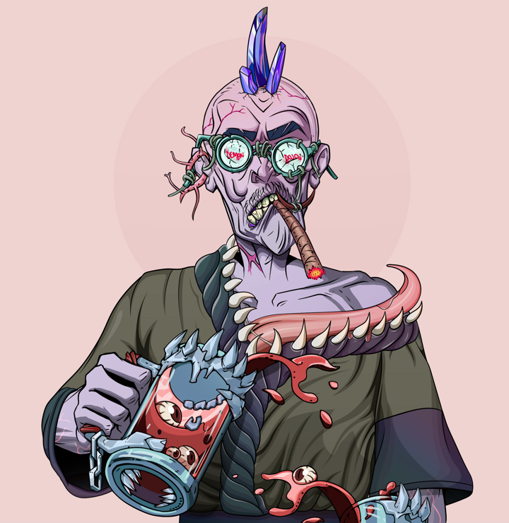Raikou The Stoner — Degen Dojo NFT art (Tassel, Red High Moon, Demons, Puppy Kimono, Raikou The Stoner, Dojo Graffiti, Mohawk Spike, Beer Splash, Mint)