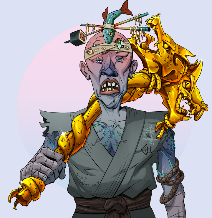 Goro — Degen Dojo NFT art (Shirtless Runt, Purple Night, Demons, Student Gi, Goro, Hair Bun With Chopsticks, Golden Warhammer, Mint)