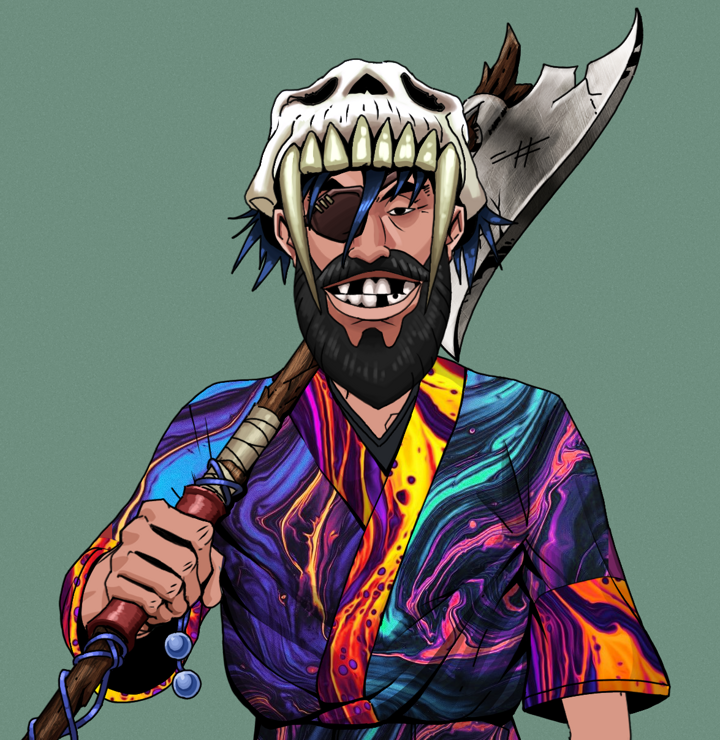Igor The Veteran — Degen Dojo NFT art (Shirtless Runt, Olive Green, Degens, Rainbow Kimono, Igor The Veteran, Sabertooth Skull, Broken Nagatina, Mint)