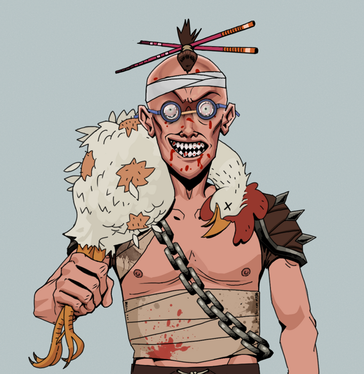 Assassin Fuzen — Degen Dojo NFT art (Shirtless Runt, Light Grey, Degens, Mercenary, Assassin Fuzen, Spectacles, Hair Bun With Chopsticks, Chicken, Mint)
